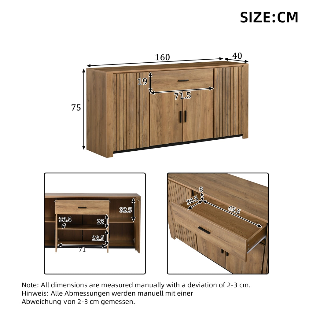 Credenza con 4 ante, 1 cassetto e ripiani regolabili, per soggiorno, in pannello truciolare rovere, 160 × 40 × 75 cm