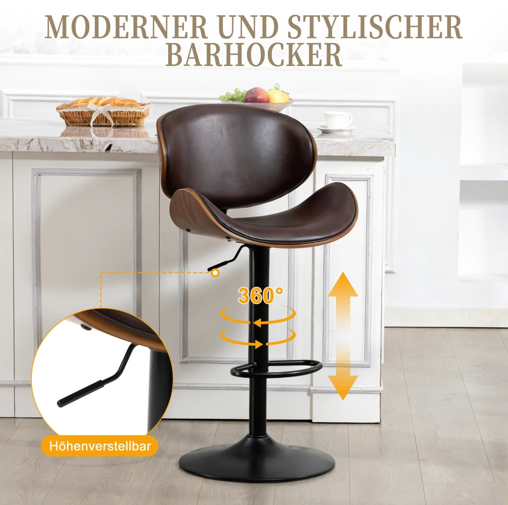 Sgabello da bar girevole e regolabile in altezza; in PU marrone; con schienale ergonomico