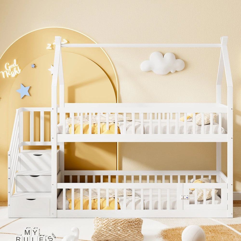 Letto a Castello Singolo in Legno Massello con Cassetti e Tetto ¨C MINIMAL ¨C Bianco 90x200