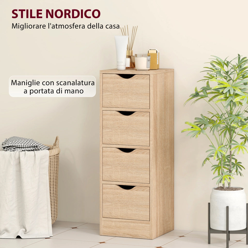 Mobile Bagno Salvaspazio con 4 Cassetti e Maniglie Intagliate ¨C Zephmum ¨C Legno Naturale 29x29x83 cm