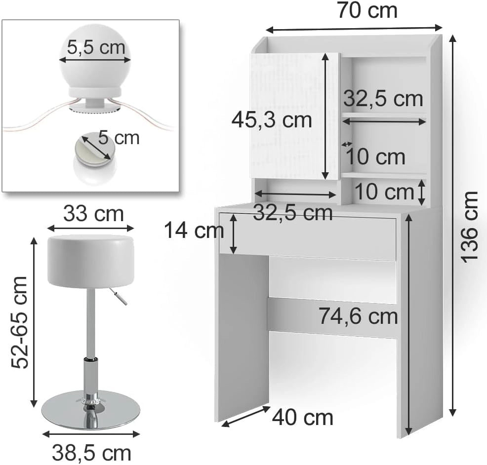 Tavolo da toeletta Laura, Bianco, 70 cm con illuminazione LED e sgabello, Luce integrata – non è necessaria una lampada da tavolo aggiuntiva