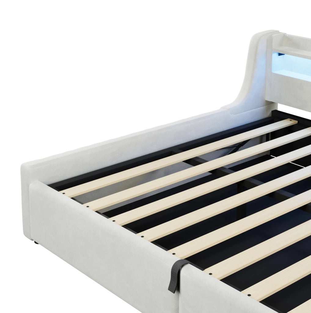 Letto imbottito 140x200 cm con contenitore e LED in flanella; bianco sporco