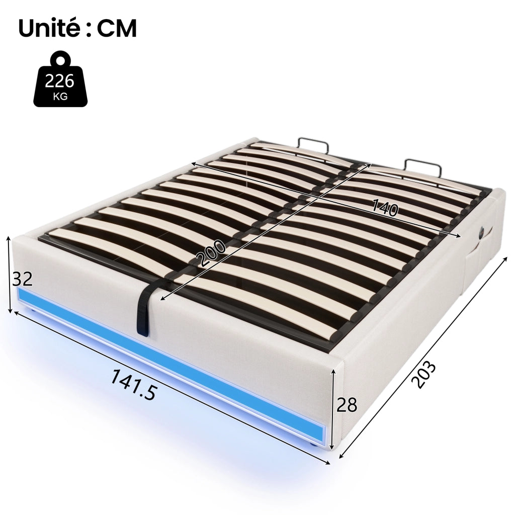 Letto Contenitore 140x200 cm con LED; USB; Type-C e Tasche Laterali in Lino Beige