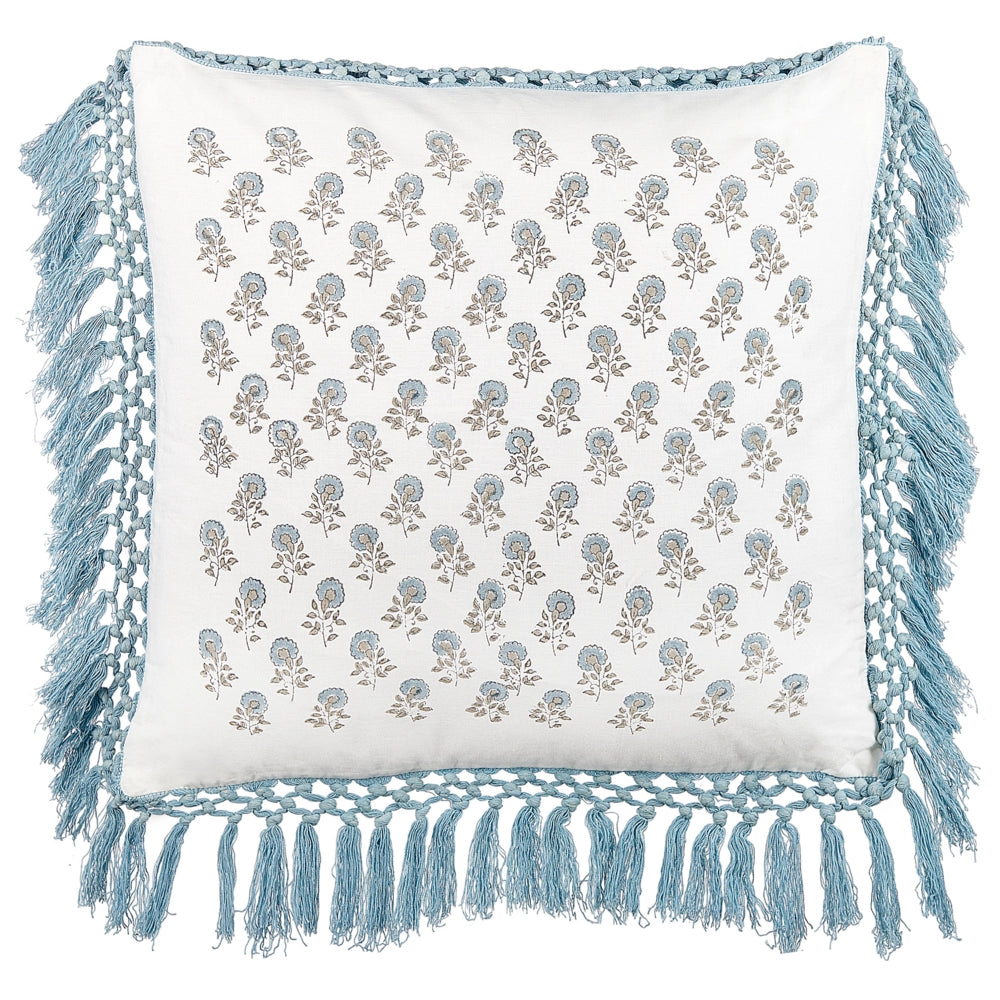 Cuscino decorativo cotone bianco e blu 45 x 45 cm motivo floreale con frange fatto a mano fodera rimovibile con imbottitura stile boho