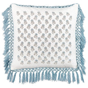 Cuscino decorativo cotone bianco e blu 45 x 45 cm motivo floreale con frange fatto a mano fodera rimovibile con imbottitura stile boho