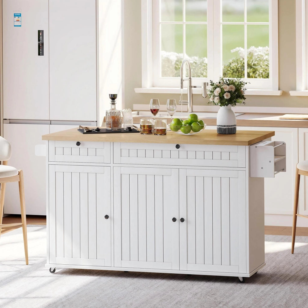 Isola da cucina con piano ribaltabile 137 x 89;5 x 45 cm in MDF; naturale e bianco