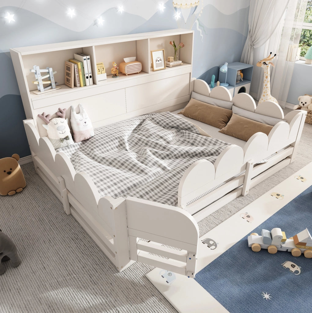 Letto a pavimento per bambini bianco con sponde, porta e ripiani