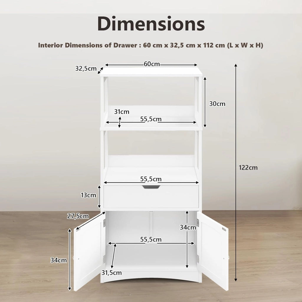 Mobile portaoggetti con ripiano a 3 livelli, armadio alto in legno, dispositivo antiribaltamento, cassetto e armadio a 2 ante, moderno, 60 x 32,5 x 122 cm (bianco)