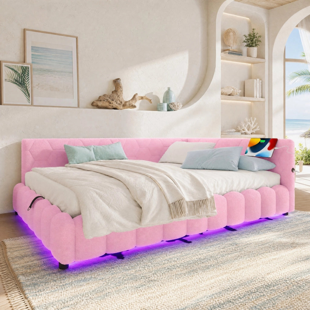 LETTO Daybed 140x200 cm Rosa con LED, USB, Tipo-C e vano contenitore