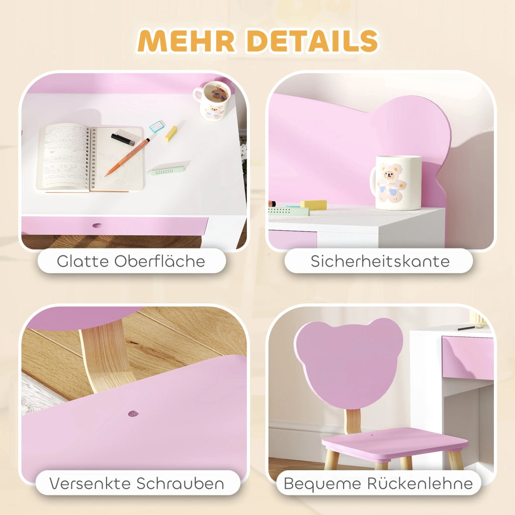 Scrivania per bambini con sedia ¨C Xylo ¨C Set rosa con cassetto forma orso 3-8 anni