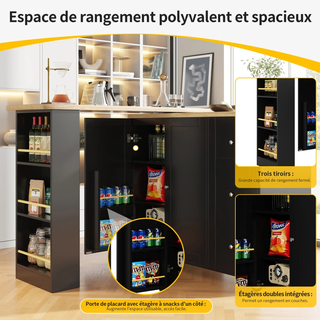 OKWISH Mobile Bar con 2 Ante 3 Cassetti e 3 Ripiani, Girevole a 360° e con Ruote, per Cucina e Sala da Pranzo, Nero