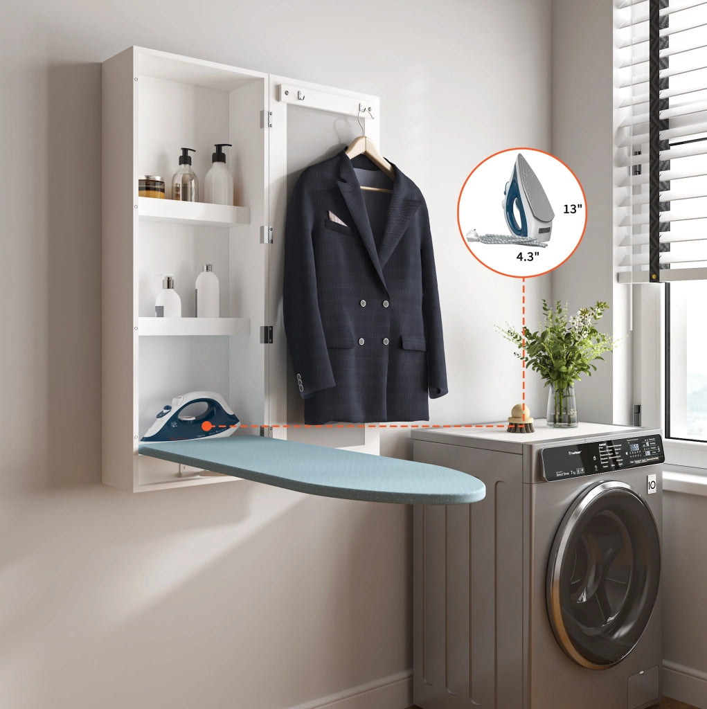 Mobile da parete con asse da stiro integrato; specchio e ripiani; MDF bianco 103×44;5×24;5 cm