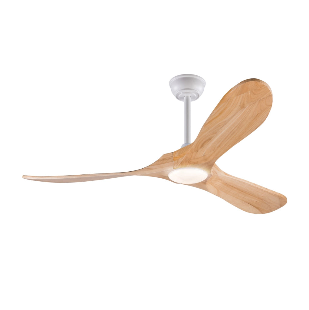 Ventilatore da soffitto 52 pollici con luce LED; 3 pale in legno massello; bianco e naturale