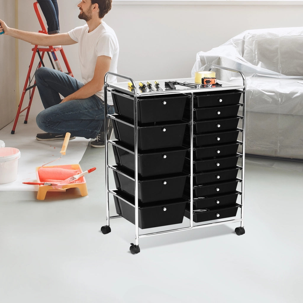 Carrello cassettiera multiuso con 15 cassettiera in plastica da cucina Contenitore con ruote Nero-Armadi da ufficio