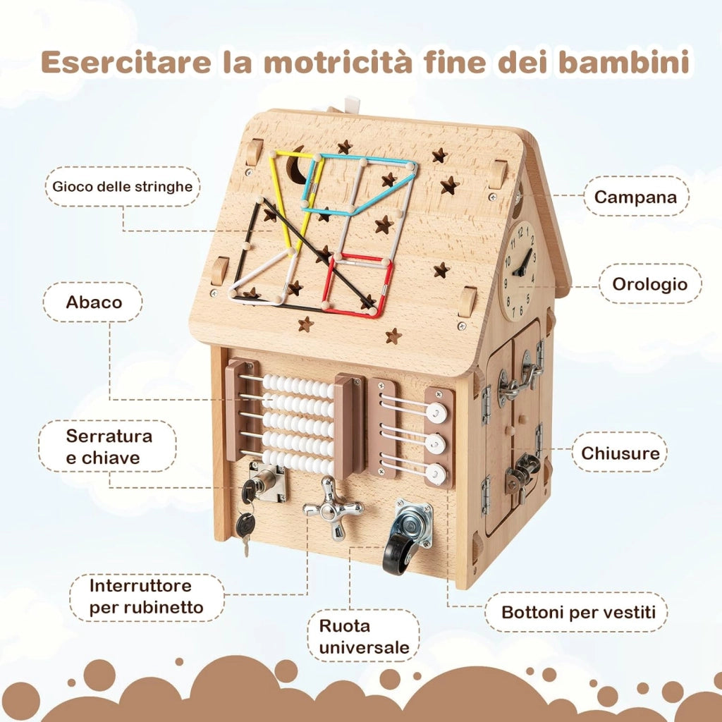 Occupato Montessori per Bambini in Legno, Casetta Giocattolo Piccola con Giochi Sensoriali e Vano Interno, Giochi Montessori per Motricità Fine, per Bambini 3 Anni+
