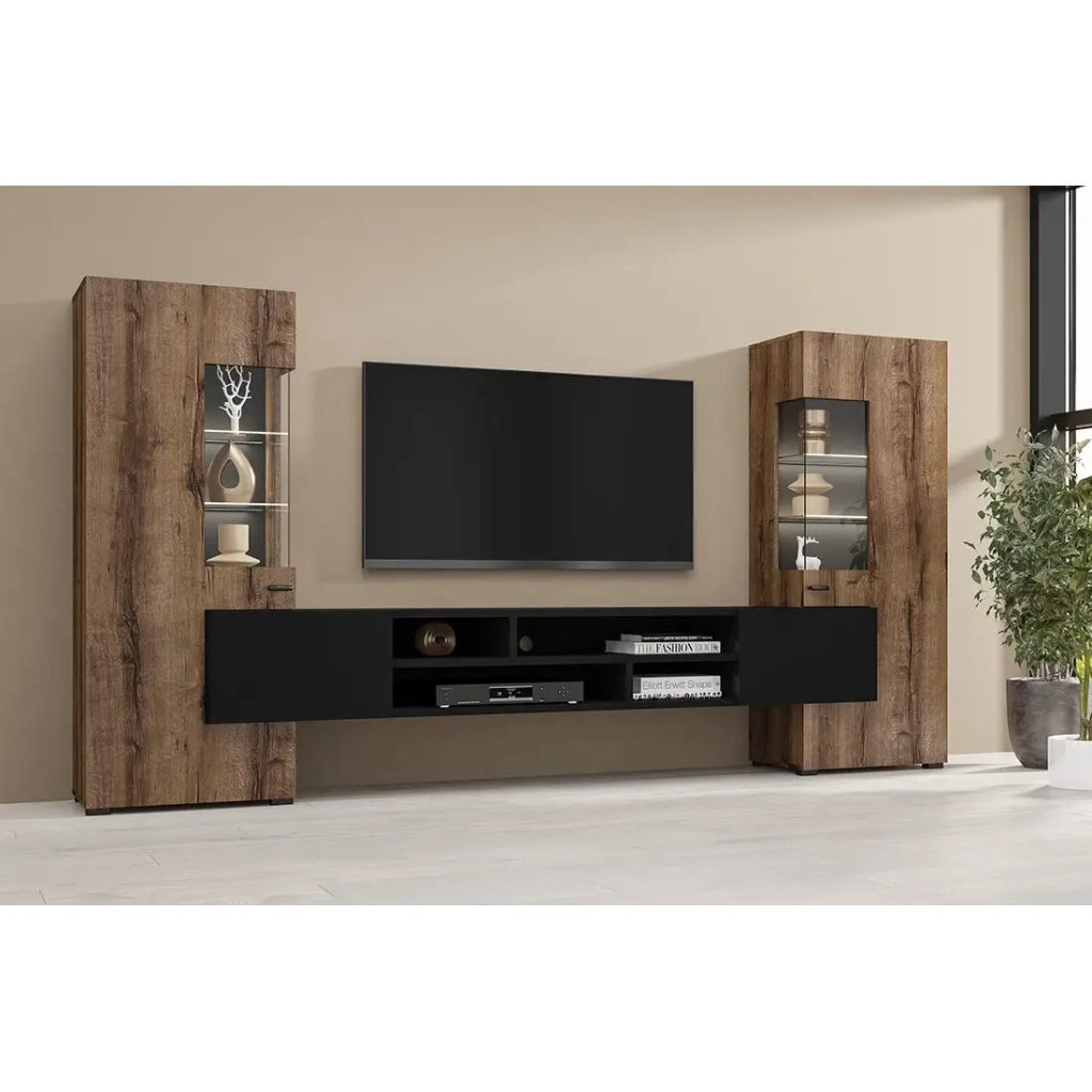 Set di 3 mobili da soggiorno collezione KOBEE. Colore rovere scuro e nero.