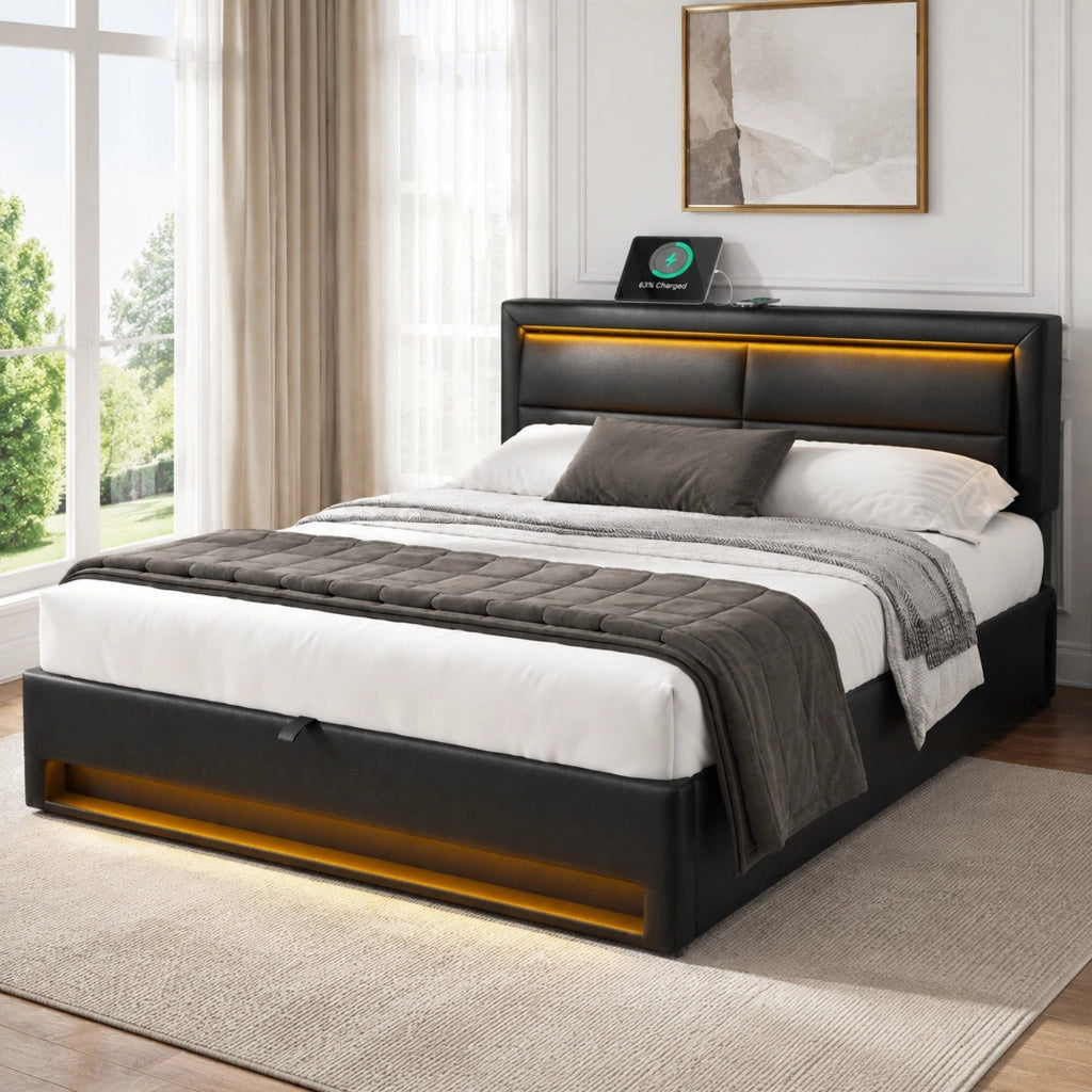 Letto imbottito 140 x 190 cm con USB, LED e contenitore, PU, nero