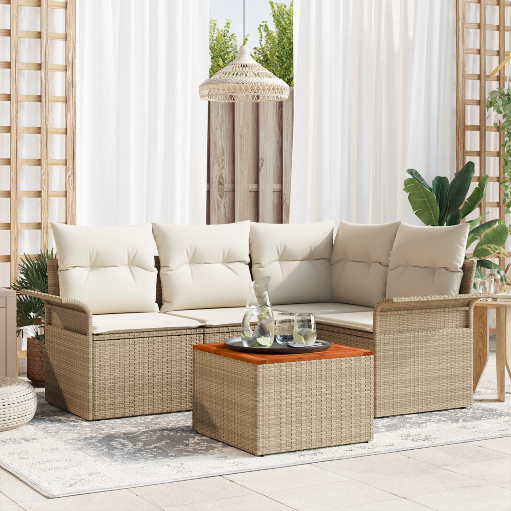 Set Divano Giardino  5 Pezzi con Cuscini Beige Polyrattan Acacia