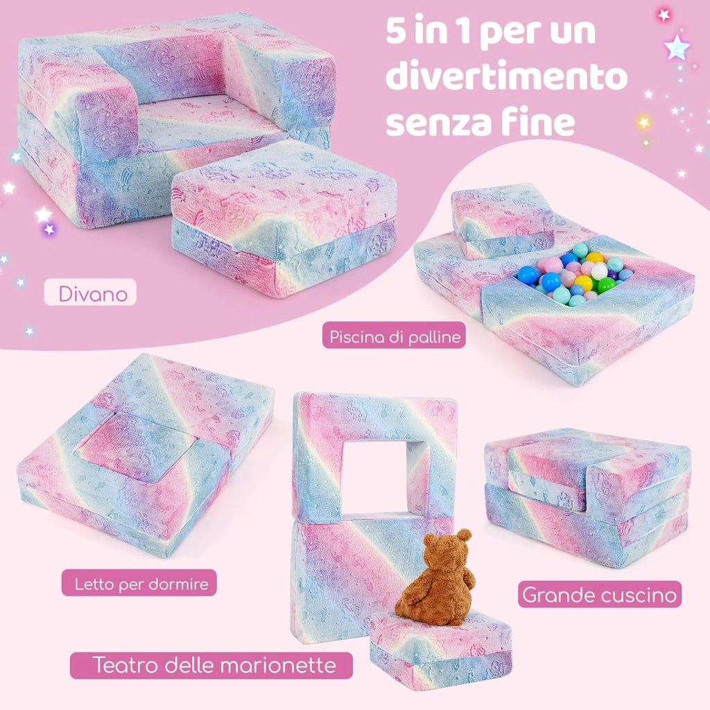Divano Pieghevole per Bambini 5 in 1 Brilla al Buio, Poltrona Modulare con Cuscino, Fodera Lavabile in Lavatrice e Riempimento in Schiuma (Unicorno Arcobaleno)