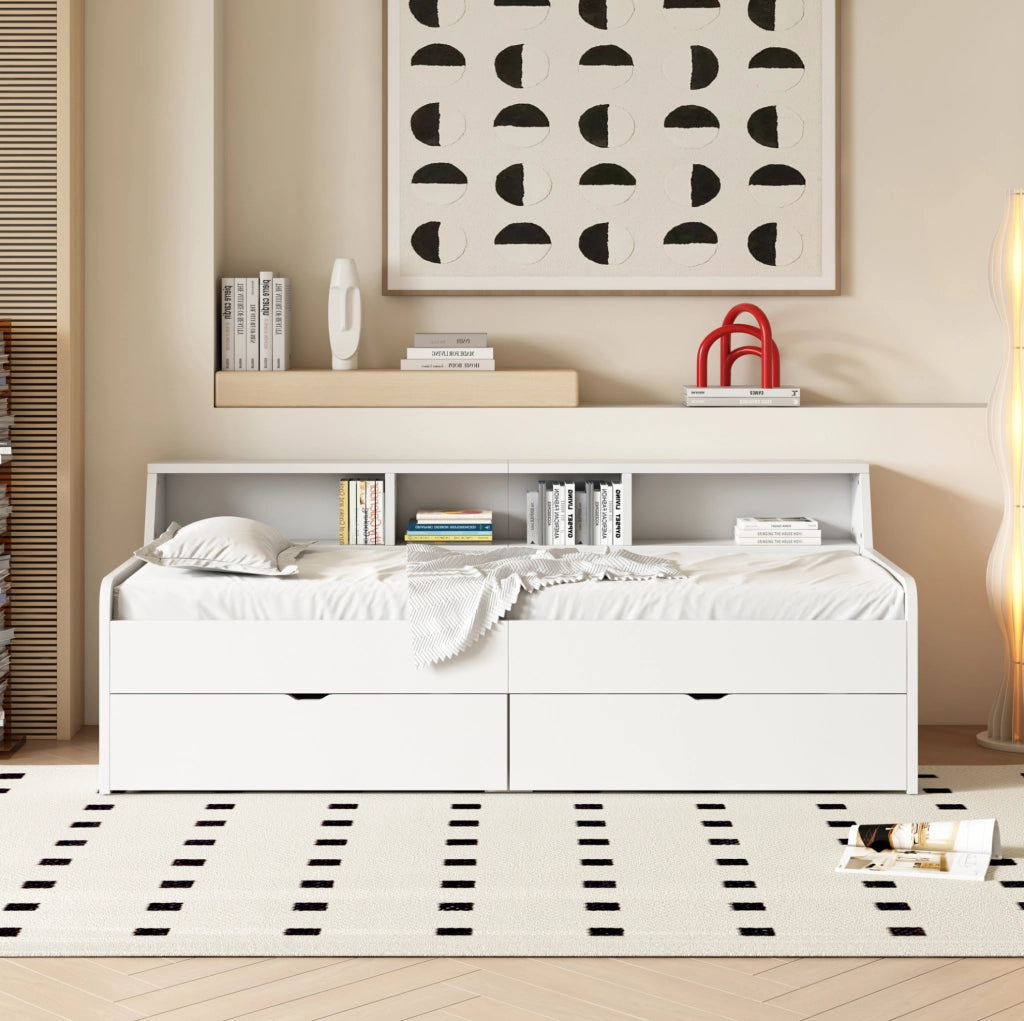 Letto da giorno 90x200 cm con 2 cassetti e vani contenitore; pino e MDF; bianco