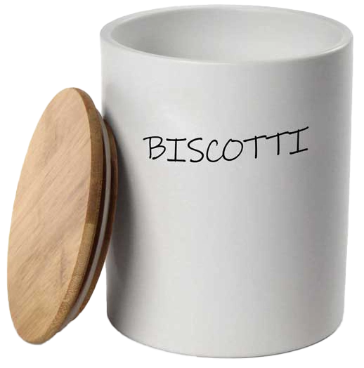 Barattolo in ceramica con tappo di legno Colore e Fantasia: BISCOTTIERA, COLORI: BIANCO