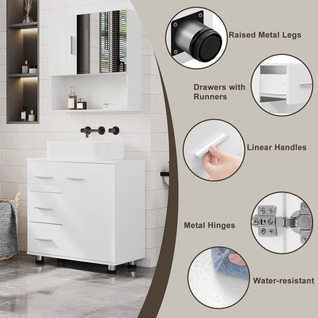 Mobile da Bagno Sottolavello, Mobile con 3 Cassetti e 2 Livelli, per Lavabo da Bagno Bianco, Legno Ingegnerizzato, con Ritaglio Per Sifone D17,5xL10 cm