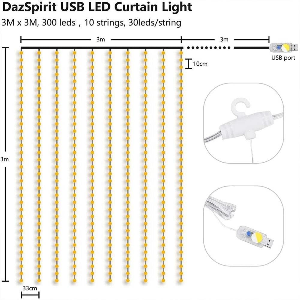 Trade Shop - Tenda Luminosa Led Catena Luci Usb 8 Modalità Luce Telecomando Bianco Caldo 3x3mt -