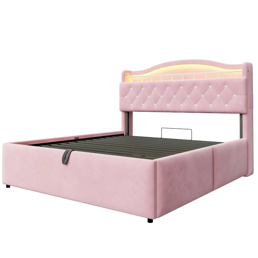 Letto imbottito 140x200 cm con contenitore idraulico; LED; USB/USB-C e rivestimento rosa