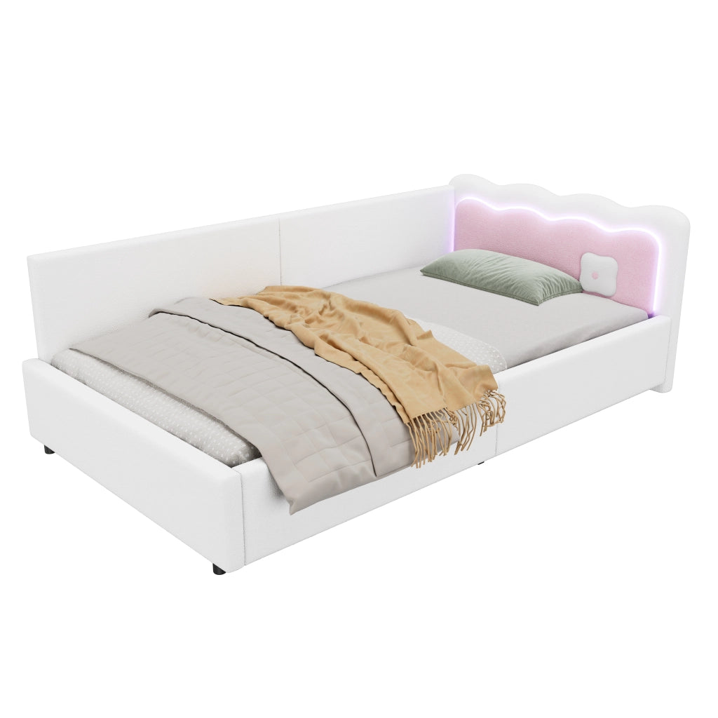 Letto a Divanetto 90x200 cm; LED Regolabile; con Testiera a Blocchi Colore; in Velluto; Bianco