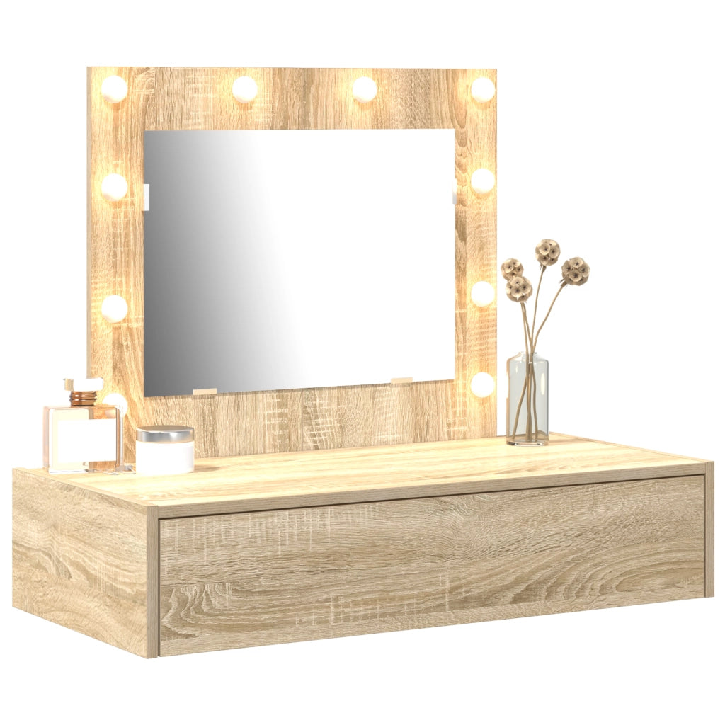 Tavolo da trucco a parete con luci LED in rovere Sonoma