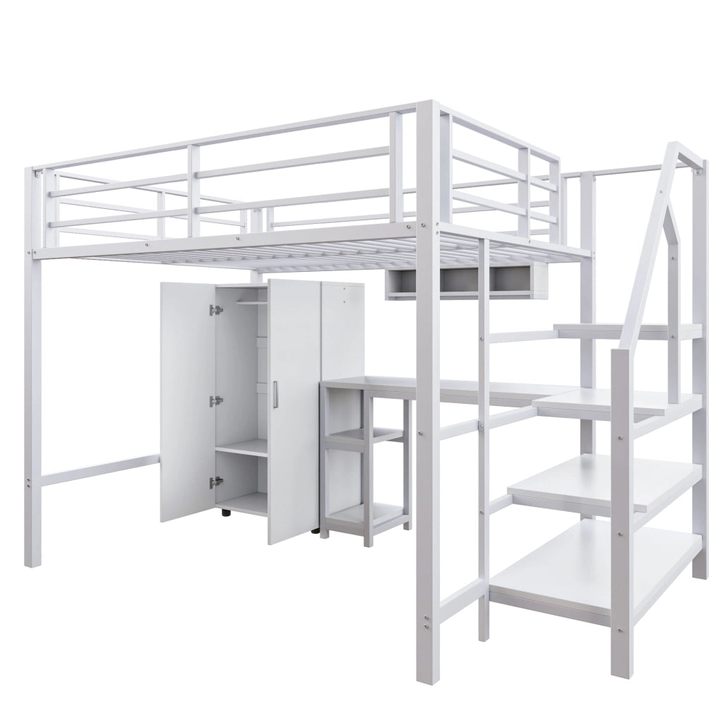 OKWISH Letto a Soppalco 140×200 cm, Letto Matrimoniale con Armadio, Scaffali, Scala con Contenitore e Scrivania, senza Materasso, Bianco