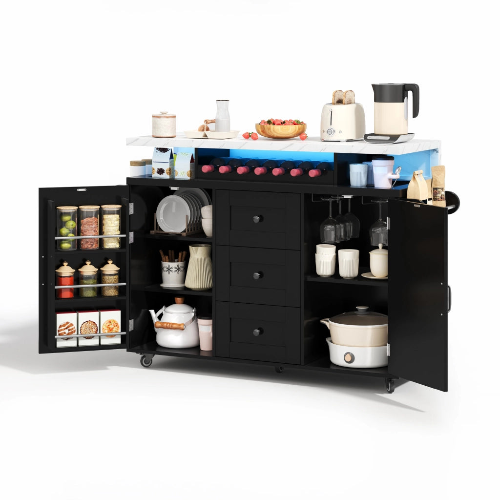 Carrello da Cucina con 2 Ante e 3 Cassetti; LED; Piano Ribaltabile; Portabicchieri e Portabottiglie; MDF
