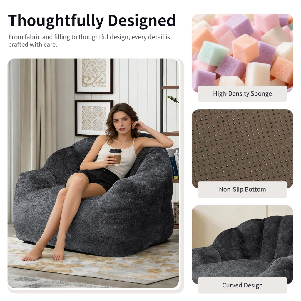 Poltrona a sacco ergonomica rotonda per relax e lettura con design avvolgente in flanella nera 49 × 40 × 28 cm