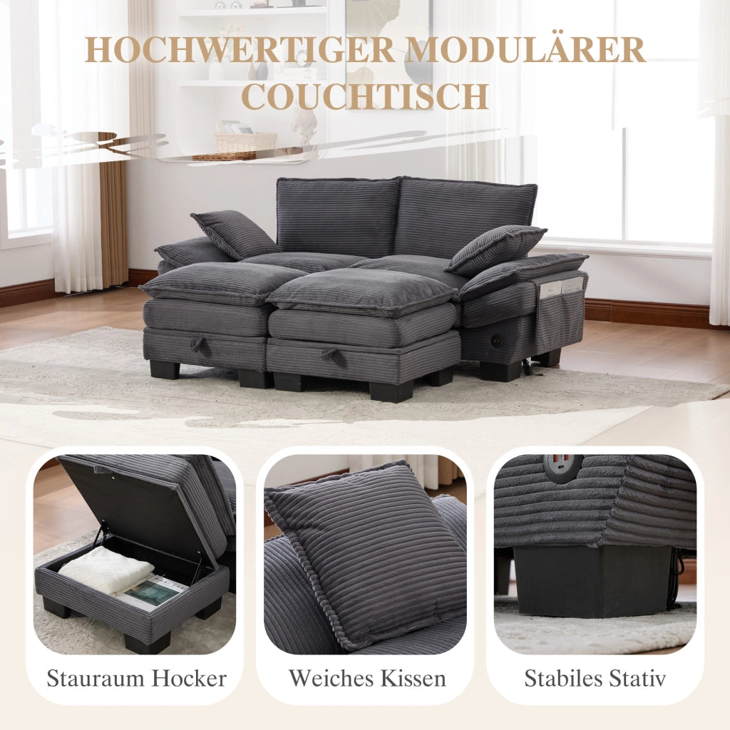 Divano modulare 2 posti in tessuto corduroy con ricarica USB-C tasche laterali e pouf ergonomico grigio scuro