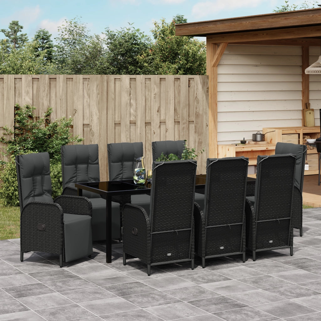 Set da pranzo da giardino 9 pezzi con cuscini neri in polyrattan