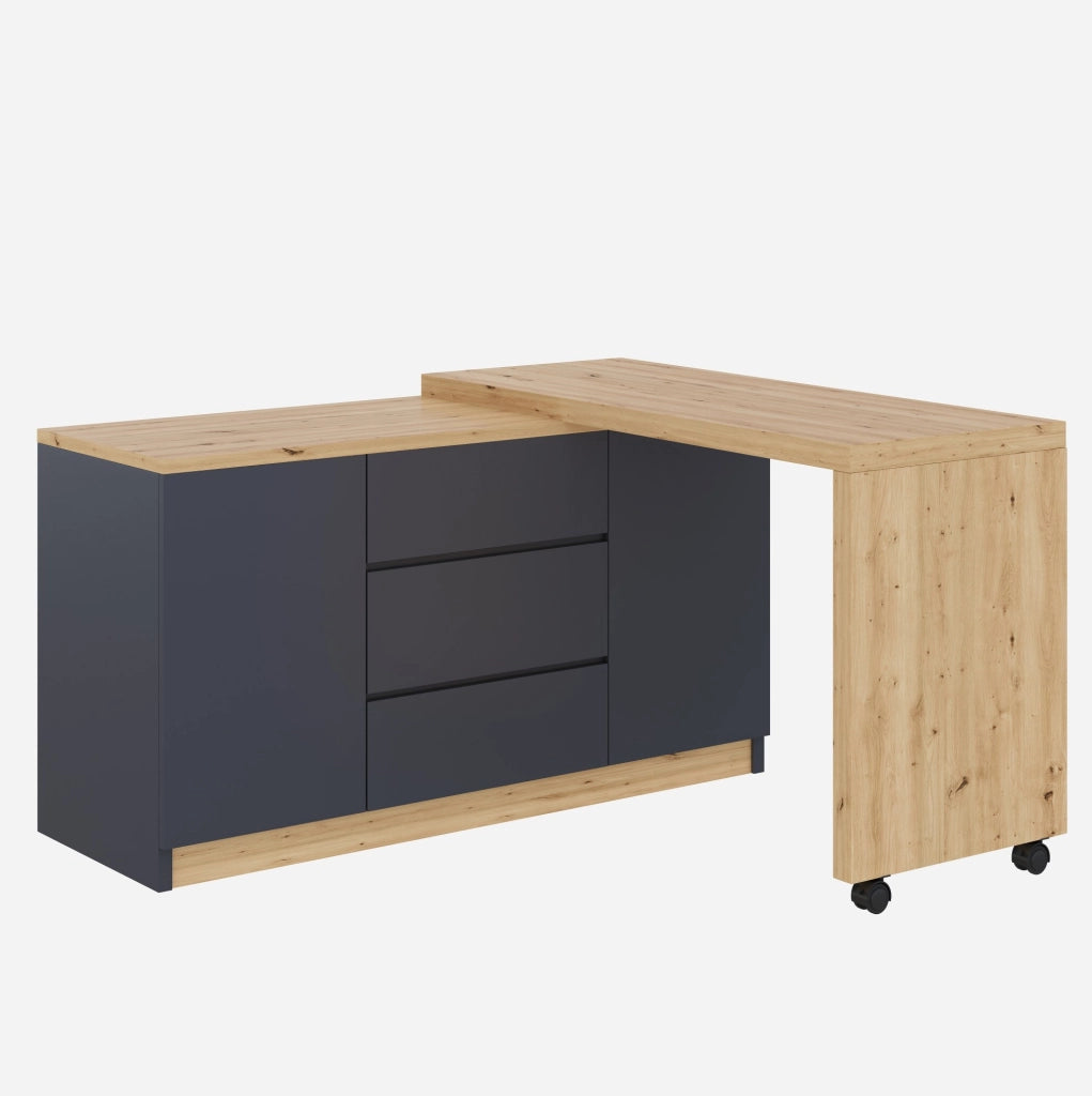 Scrivania girevole e pieghevole 120x50x76.5 cm con 2 porte e 3 cassetti in truciolato grigio e naturale
