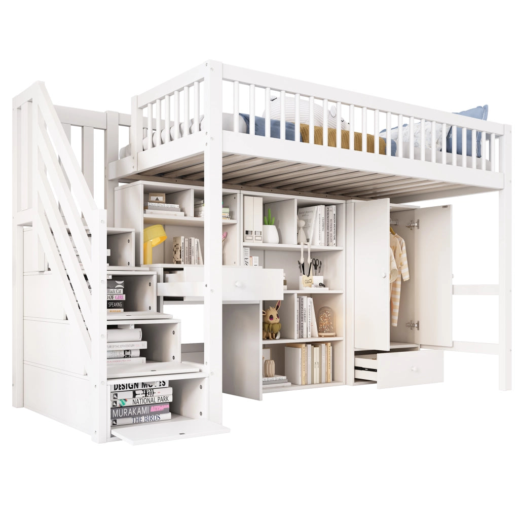 Letto singolo multifunzionale 90x200 cm con scrivania, scale contenitore e armadio, bianco