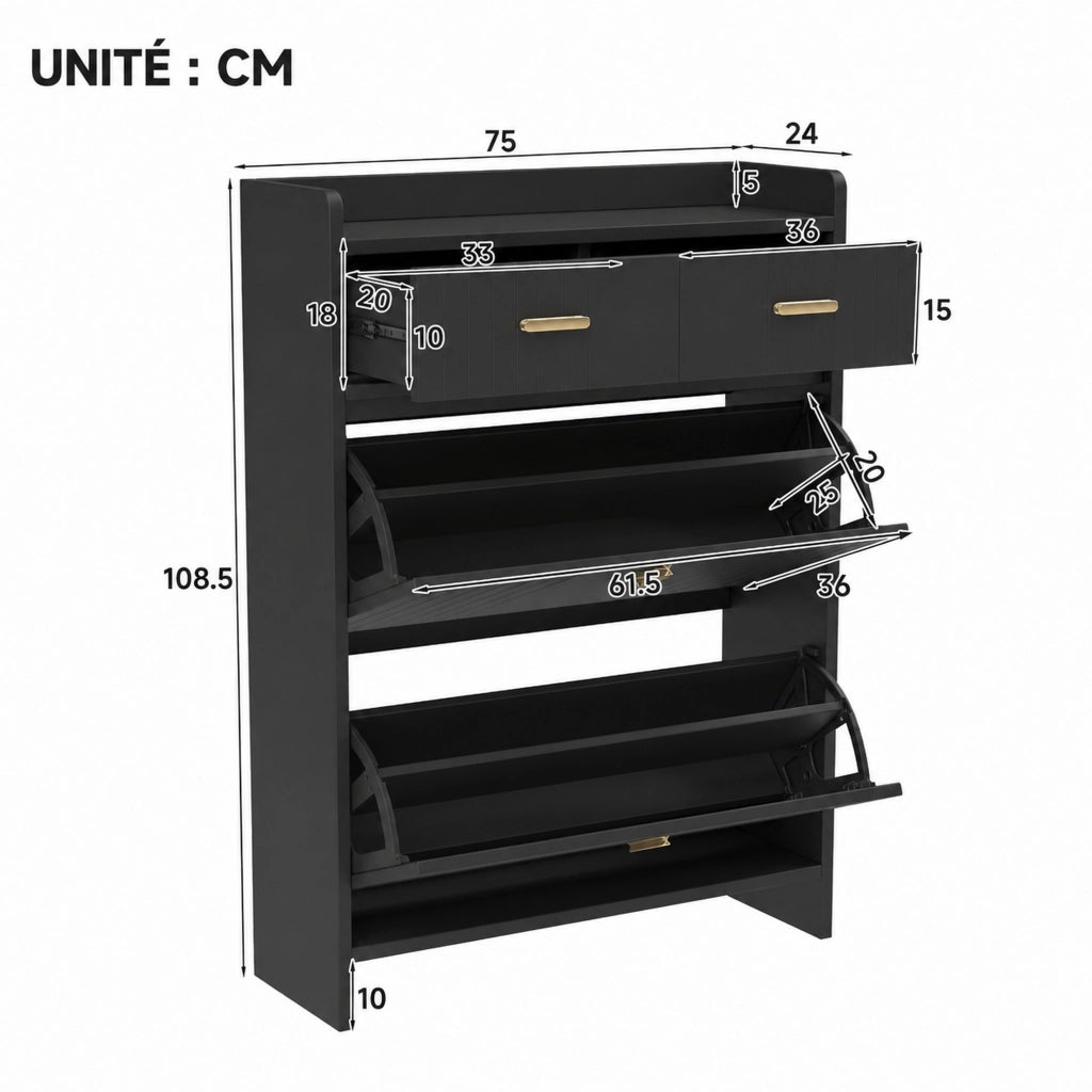 Scarpiera a ribalta 75x24x108，5 cm nera， ingresso， 2 cassetti