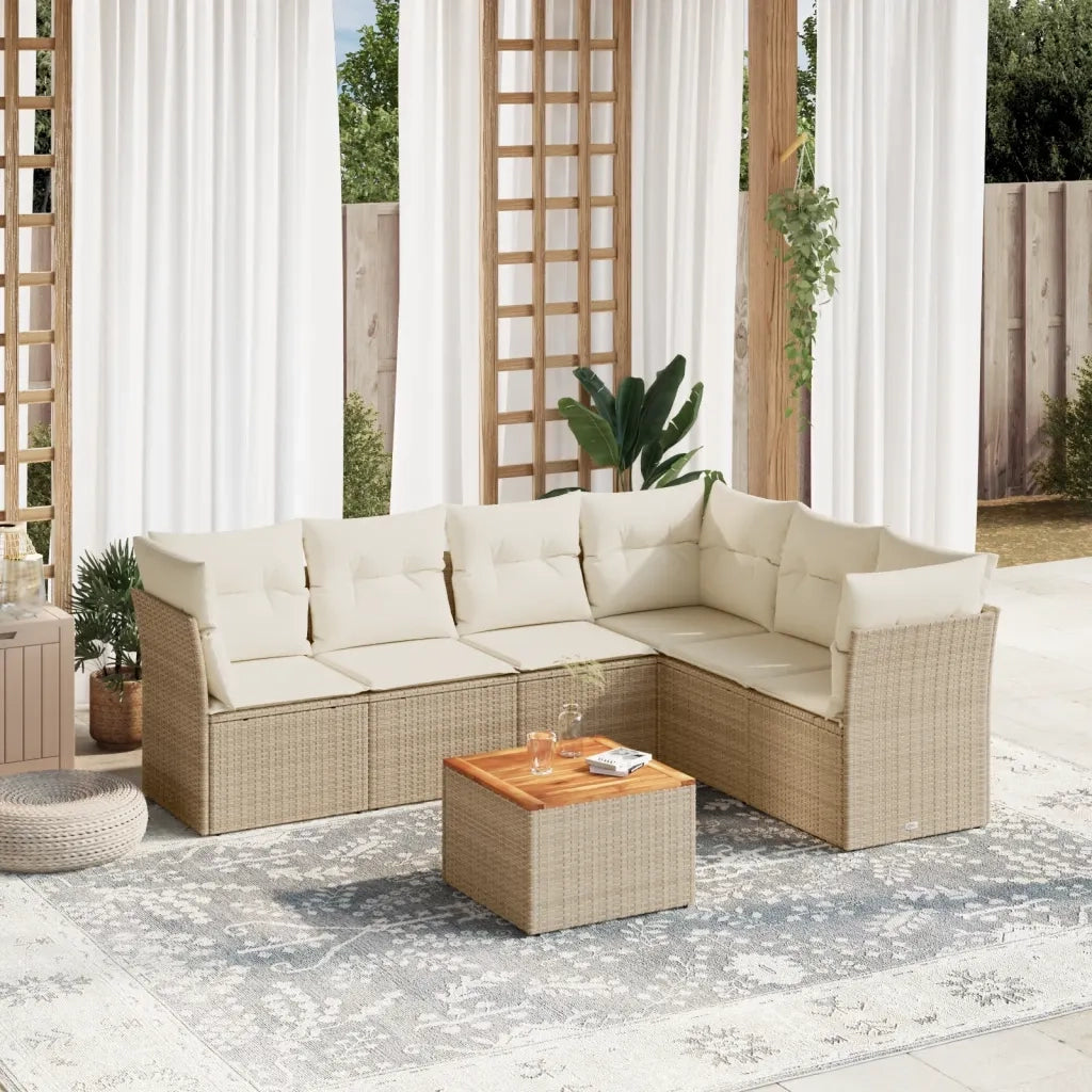 Set Divani da Giardino 7 pz con Cuscini Beige in Polyrattan