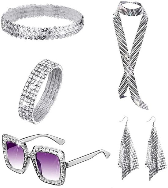 Costumi da disco 6 pezzi - Cintura - Occhiali da sole - Orecchini - Bracciali - Sciarpa con glitter - Accessori anni '70 - Accessori da disco