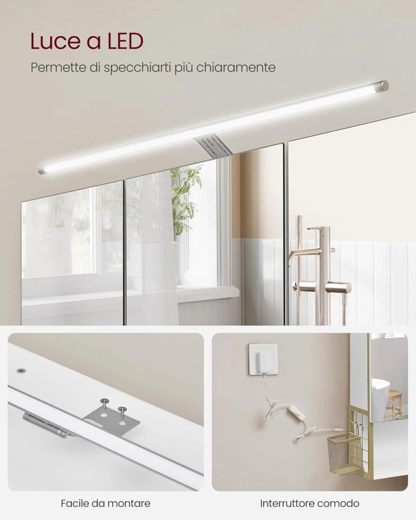 VASAGLE Armadietto da Bagno con Specchio e 3 Ante, Mobile a Parete, Cestino, Porta Asciugacapelli, Capiente, Mobiletto Bagno da Muro, Bianco Nuvola e Oro Verde Chiaro BBK124A10