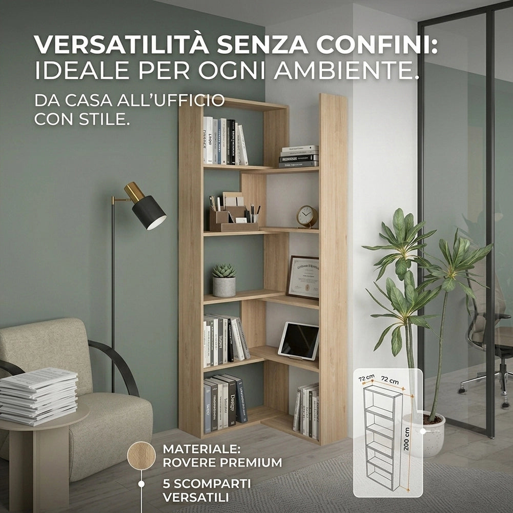 Libreria Modulare Apribile Legno Quercia Scaffale Libri Componibile 72x22x200cm