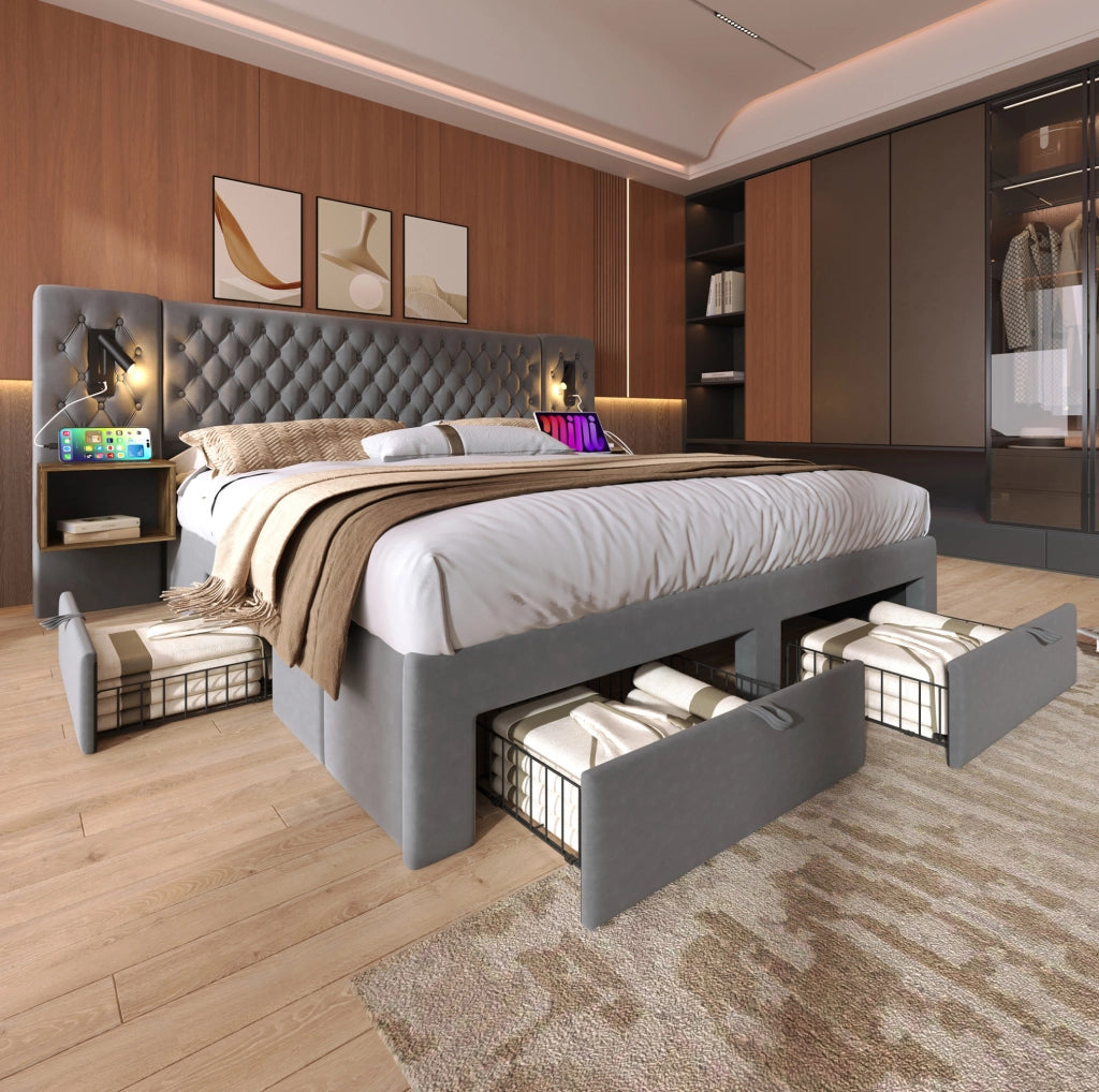 Letto 160x200 cm con 2 comodini; 4 cassetti e USB; velluto grigio
