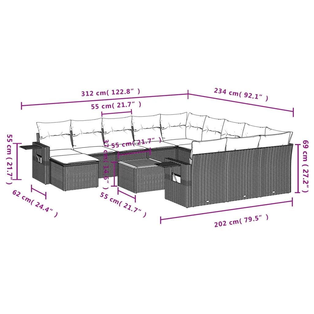 Set Divani da Giardino 13pz con Cuscini Nero in Polyrattan 3257196
