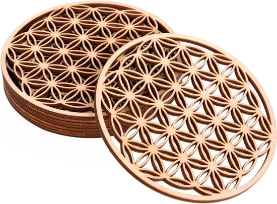Onderzetters in Legno - 6 Pezzi, 10 x 10 cm - Simboli Spirituali di Legno per Purificazione e Meditazione