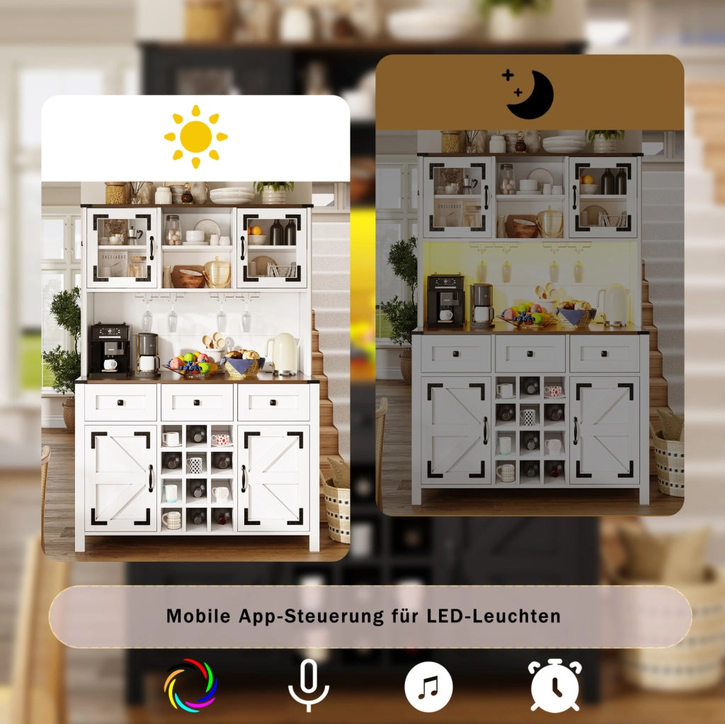 Credenza alta in stile country con LED, prese USB e portabicchieri