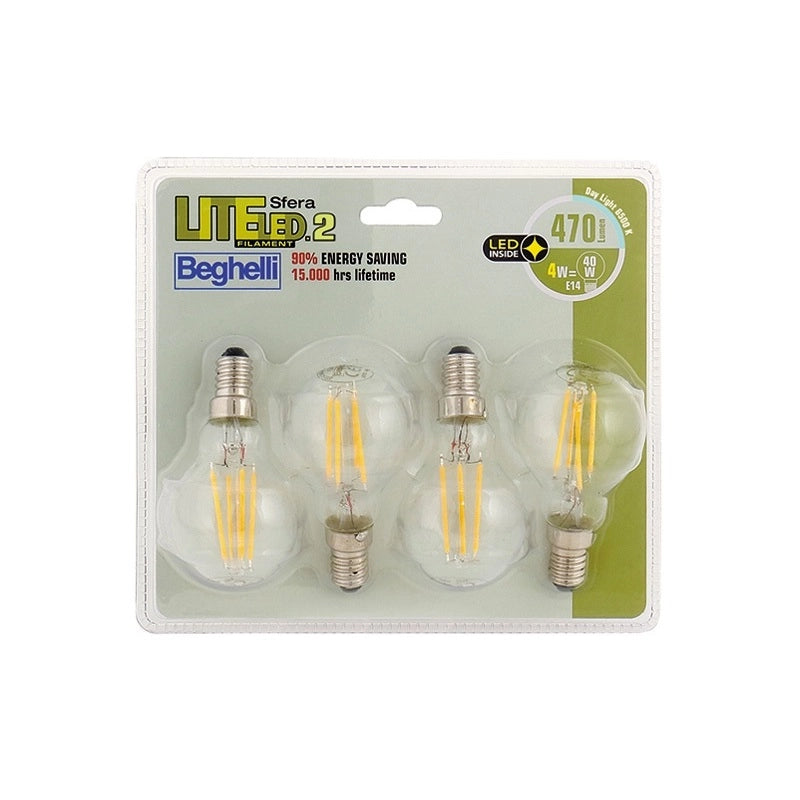 Beghelli QUADRIPACK LAMPADA LED SFERA FILAMENTO E14 4W 6500