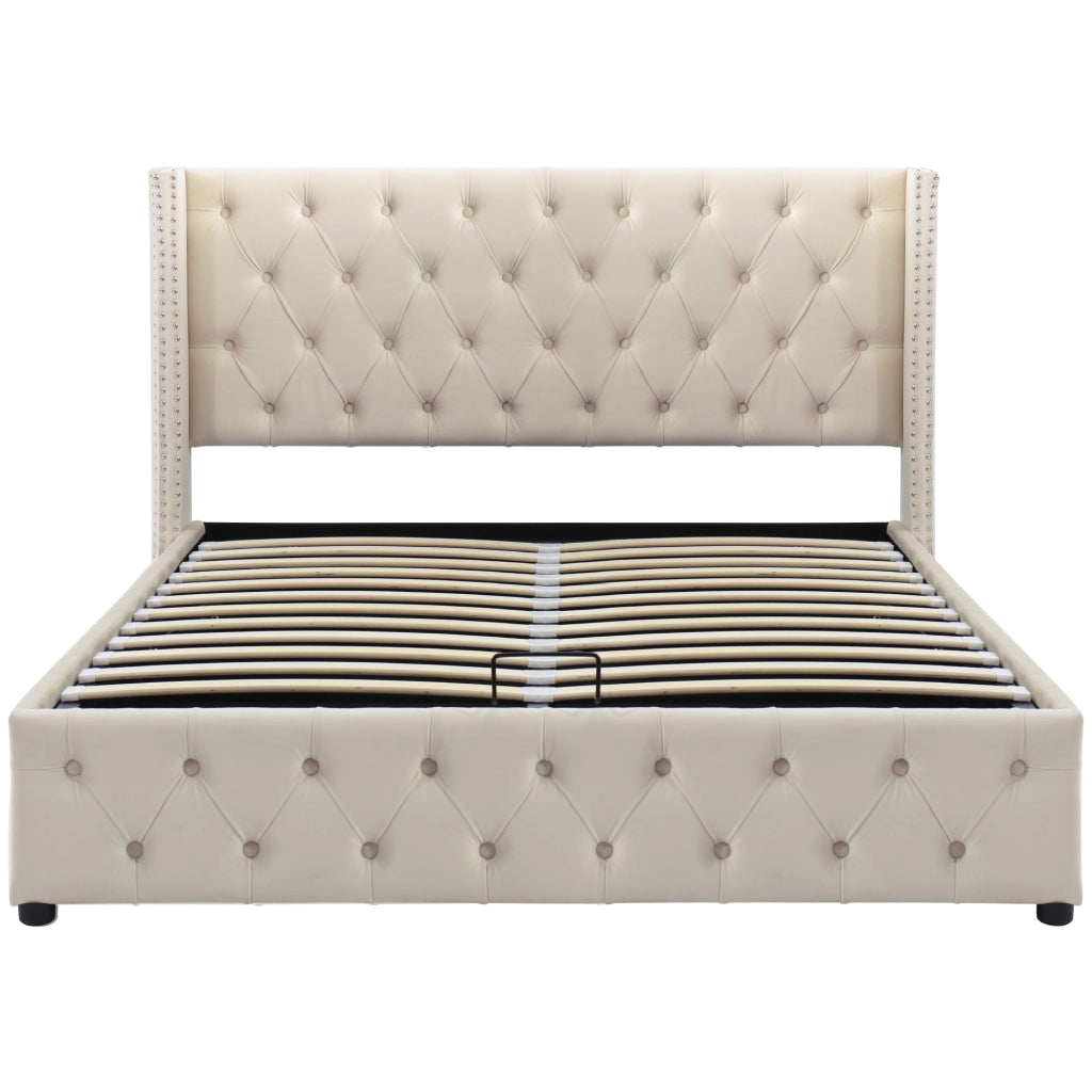 Letti contenitori 140x200 cm; contenitore idraulico; velluto; beige (Senza materasso)