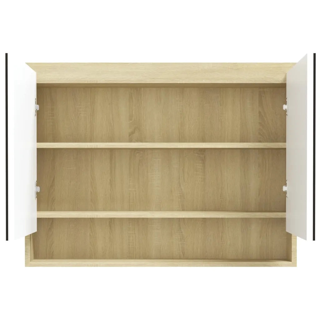 Armadietto Bagno con Specchio-Mobiletto a specchio 80x15x60cm in MDF Bianco e Rovere
