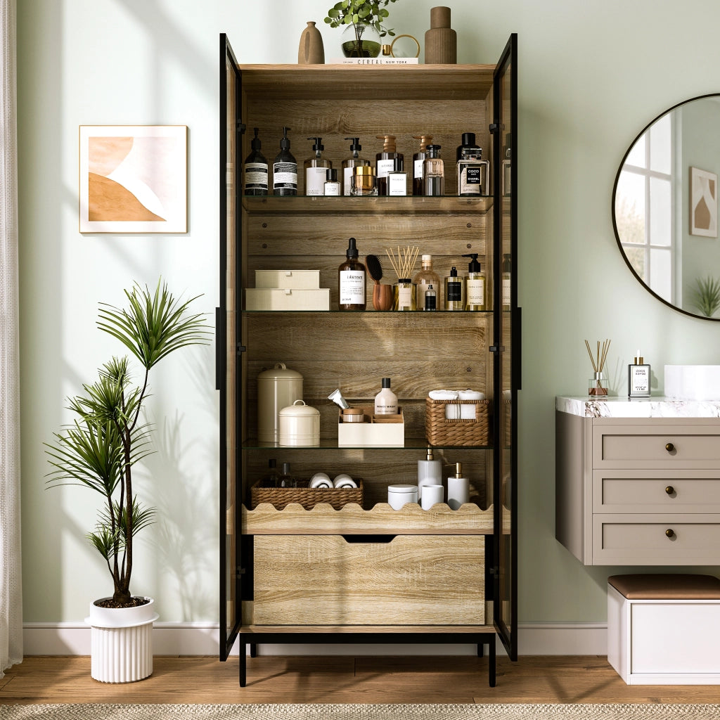 Vetrina con anta in vetro e cassetto, ripiani regolabili, decorazione a onde, per soggiorno bagno e ingresso